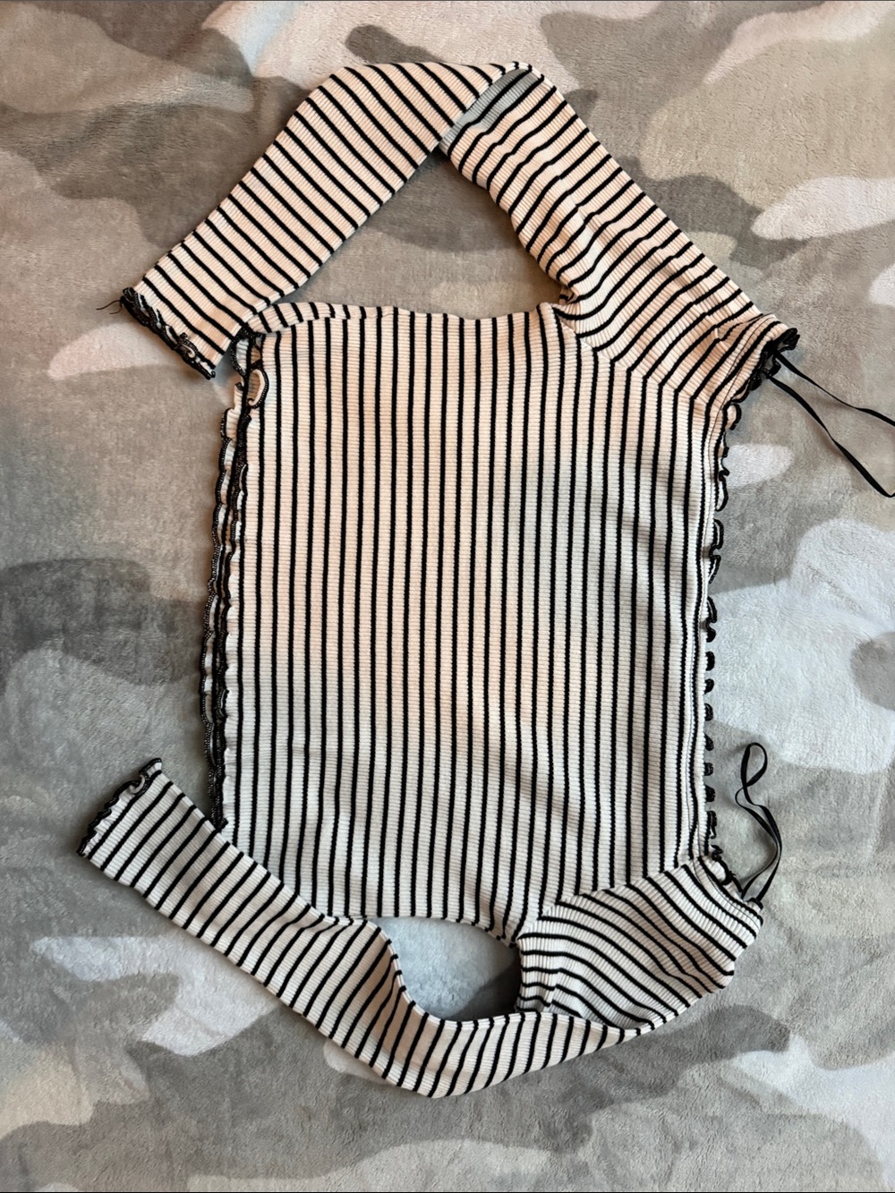 Divided Black & White Striped Long-Sleeve One-Piece Bodysuit